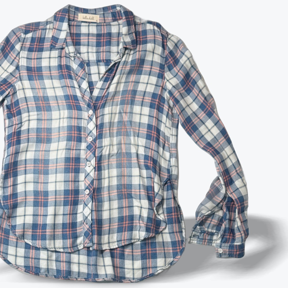 Bella Dahl Button Down Shirt Blue Orange Plaid Womens Small Proviscose